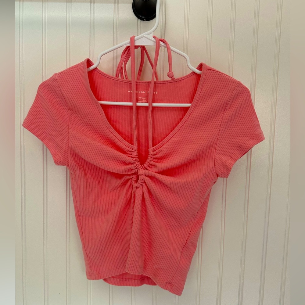 American Eagle Outfitters Pink Ruched Crop Blouse
